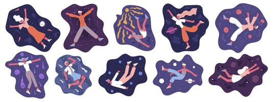 Characters flying in space. People flying in outer space, men and women floating in imagination or dream illustration set. Space floating people vector