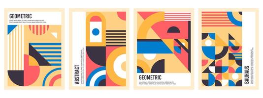 Bauhaus posters. Abstract geometric patterns, circles, triangles and square bauhaus banner illustration set. Graphic bauhaus design posters vector