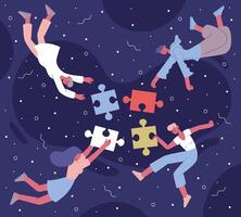 Teamwork puzzle collecting. Coworking team with abstract puzzle elements background illustration. Business teamwork concept vector