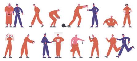 Inmates characters. Prisoners in prison uniform serving time and policemen in prison isolated illustration set. Crime system characters vector