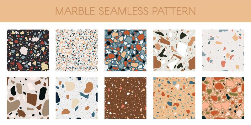 Marble texture pattern. Abstract quartz, granite and glass flooring mosaic textures illustration set. Classic italian marble chips interior texture