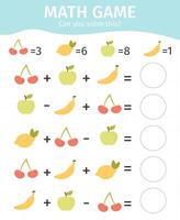 Mathematical kids game. Children educational addition and subtraction game, math counting equations worksheet illustration set. Counting math game vector