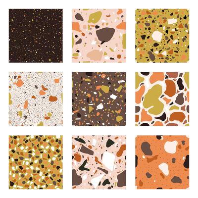 Marble chips seamless patterns. Granite, marble and quartz textured flooring mosaic background set. Italian marble rock seamless textures