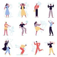 Virtual reality characters. People in augmented reality glasses inside entertainment simulation illustration set. Augmented reality experience vector