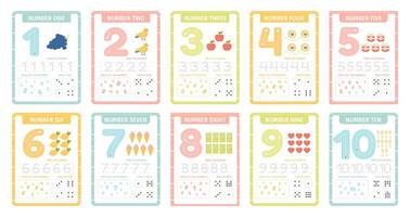 Numbers learning cards. Kindergarten flashcards with numbers, learning and spelling numbers from 1 to 10 illustration set. Kids counting worksheets vector