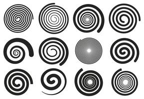 Abstract spirals. Vortex swirl motion elements, simple rotating spirals silhouettes isolated illustration set. Spiral rotating stripes vector
