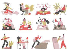 Writing characters. Professional writer, journalist, blogger and copywriter writing texts or posting illustration set. Storytelling and writing people vector