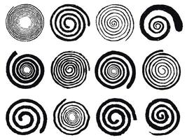 Grunge spirals. Swirling abstract simple rotating spirals, black ink spiral circles isolated illustration set. Vortex swirl elements vector