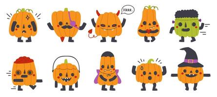 Cute pumpkin mascots. Halloween party funny pumpkins with different faces isolated symbols set. Happy halloween pumpkin characters vector