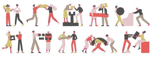 Teamwork business concept. People with abstract geometric shapes, business coworkers collecting figures illustration set. Partnership and teamwork concept vector