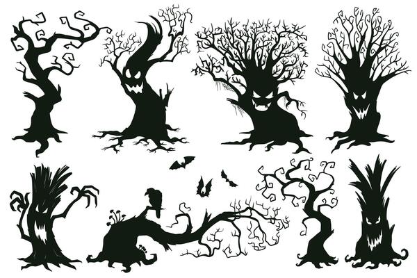 Halloween spooky trees. Cartoon hooked trees, scary halloween trees with muzzles illustration set. Creepy halloween trees