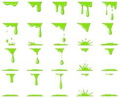Slime animation. Dripping green cartoon drops and splash, halloween liquid toxic slime blobs illustration set. Green slime animation vector