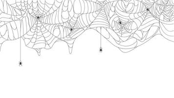 Halloween cobweb background. Spooky halloween torn hanging spider web with black spiders background illustration. Scary spider web silhouette vector