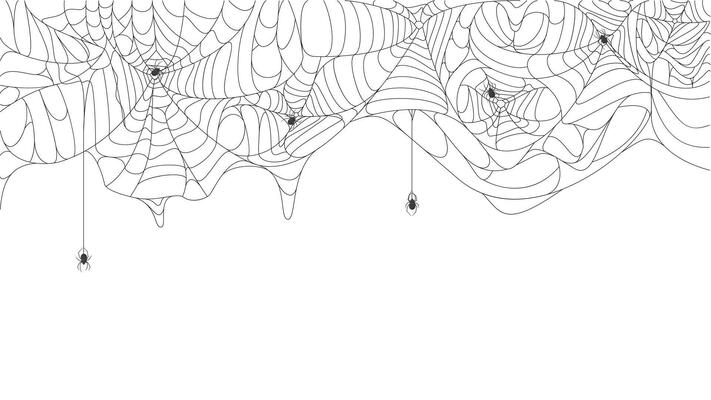 Halloween cobweb background. Spooky halloween torn hanging spider web with black spiders background illustration. Scary spider web silhouette