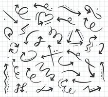 Hand drawn doodle arrow icon in various directions set. Curly cursors, pointers up, down, left, right vector