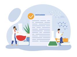 Characters doing scientific research, mixing liquids in flasks in laboratory. Scientists with equipment vector