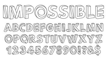 Impossible shapes font. Paradox alphabet letters and numbers, geometric abc figures illustration set. Optical illusion impossible alphabet vector