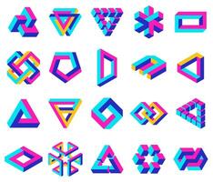Geometric impossible shapes. Paradox triangle, square and circular figures, optical illusion symbols set. Impossible unexpanded shapes vector