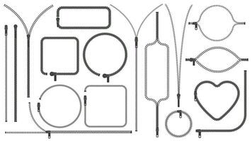 Zipper silhouettes. Zip pulls closed and open, zipper frames and borders, clothes zip lock accessories illustration set. Slide fasteners elements vector