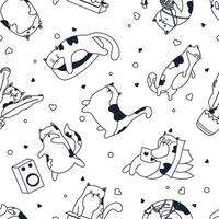 Cute cats pattern in black. Cute kitten working at laptop, listening to music, playing with ball of threads vector
