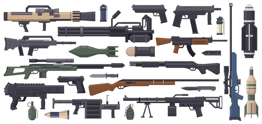 Military weapon. Army weapons, rocket, grenade launcher, machine gun and bazooka isolated illustration set. Automatic weapon collection
