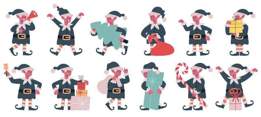 Christmas elf characters. Xmas Santa Claus little helpers, cute Christmas elves mascots illustration set. Cartoon Santa helpers dwarfs