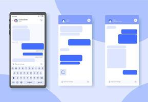 Chat speech bubbles on smartphone screen, dialogue balloons for private message sending blue template vector