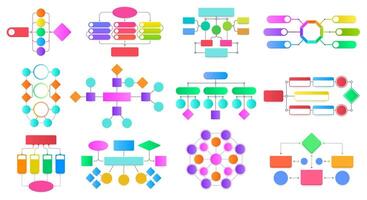 Flowchart infographic diagrams. Block flowchart diagrams, work process structure presentation schemes illustration set. Workflow steps schemes vector