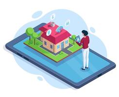 Isometric smart house security workspace technology concept. Smart house controlled via gadget app illustration. Smart house safety system vector