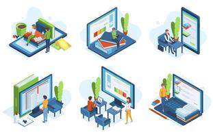 Isometric people online education. Distance learning, 3d characters learn online on computer screens illustration set. Online education isometric scenes vector