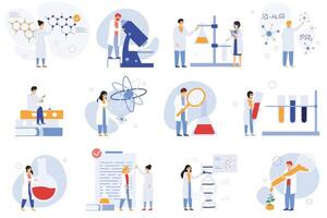 Scientist characters. Chemical researchers, biologists or laboratory workers, science medical workers illustration set. Research scientist characters vector