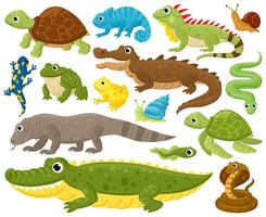 Cartoon amphibians and reptiles. Serpent, reptile and amphibians, frog, turtle, iguana and python illustration set. Wildlife reptiles and amphibians vector