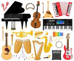 musical instrumentos dibujos animados música banda instrumentos, piano, batería, arpa y sintetizador símbolos colocar. orquesta o clásico música instrumento vector