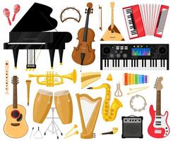 Musical instruments. Cartoon music band instruments, piano, drums, harp and synthesiser symbols set. Orchestra or classical music instrument vector