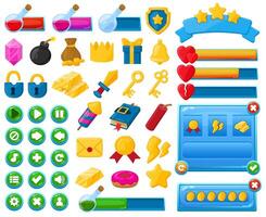 Cartoon mobile game user interface kit elements. Casual game interface menu buttons, trophies and bars illustration set. Mobile game user interface icons vector