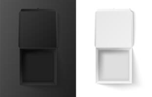 Black and white box mockup. Open realistic cardboard of squared shape. Paper empty package for delivery or gift vector