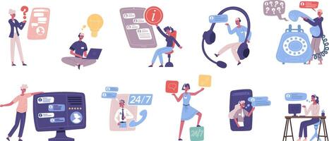 Online customer technical support personal assistant service. Call center advice services, online hotline agents illustration set. Customer support person advisors vector