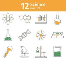 Line science icon set. Chemistry lab equipment as glassware. Molecule and dna model, microscope for experiment vector