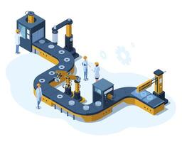 Isometric factory automated mechanised conveyor line. Industrial automated robotic conveyor, production 3d line illustration. Electronic factory assembly line vector