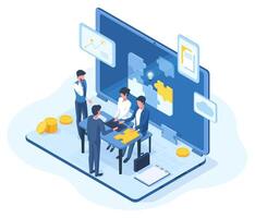 Isometric teamwork, brainstorming team meeting 3d concept. People creative business team brainstorming illustration. Office teamwork characters vector