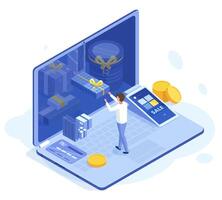 Isometric clients bonus loyalty 3d store program. Online store customer loyalty reward program illustration. Shop client loyalty purchase bonuses vector