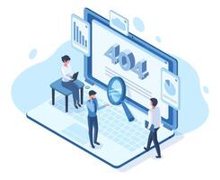 Isometric error lost 404 page network user people concept. Lost network website page, error not available webpage illustration. Not found 404 internet page vector
