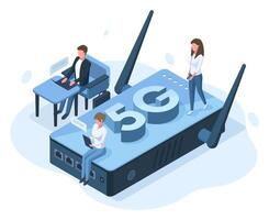 Isometric 5g mobile internet network connection concept. Office people work with high speed internet connection illustration. Network 5g connection technology vector