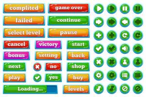 Cartoon casual games user interface buttons. Casual 2d game interface play, pause, stop, game over buttons illustration set. Mobile game user interface buttons vector