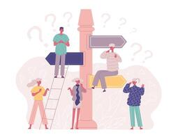 Decision making, undecided pensive characters at direction crossroads. Thoughtful people searching right solution illustration. Undecided persons concept vector