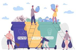 People sorting garbage, protecting environment from plastic solution. Collecting, sorting, recycling garbage activists illustration. Characters keep environment clean vector