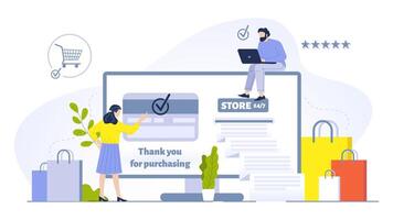 People buying online concept illustration. Woman doing purchases using computer and having credit card verification vector