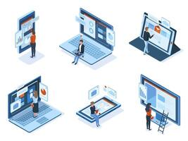 Isometric characters use technology gadgets interfaces. People work or study use laptop tablet smartphone screens illustration set. Characters interact interfaces vector