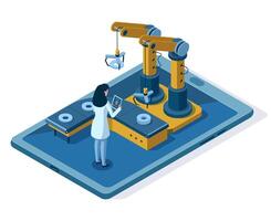 Isometric automated robotic arm engineering management. Automated robotic assembly line, engineer control mechanical systems illustration. Industrial robotic conveyor vector