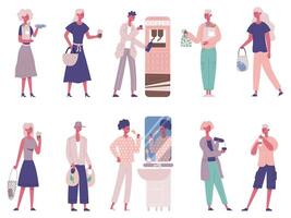 People zero waste, less garbage, protecting environment. Zero waste characters use eco bag, reusable bottle, container illustration set. No plastic concept vector